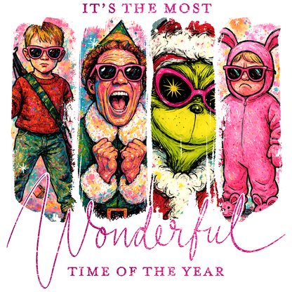 Four characters in festive costumes with colorful background and text 'It's the Most Wonderful Time of the Year'.